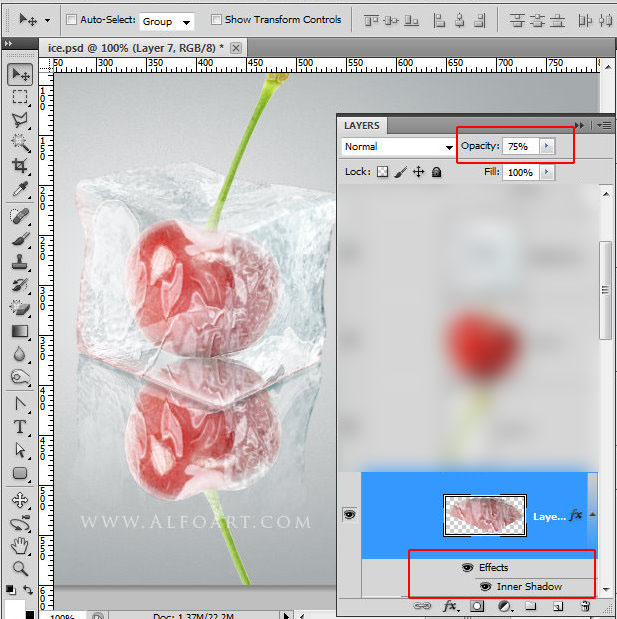 Ice cube 3D photoshop tools tutorial. 3D scene ice cube and cherry inside, ice txture effect in photoshop, ice reflection, 3D rendering, 3D light effects, realistic ice effectt, winterphotoshop  ideas